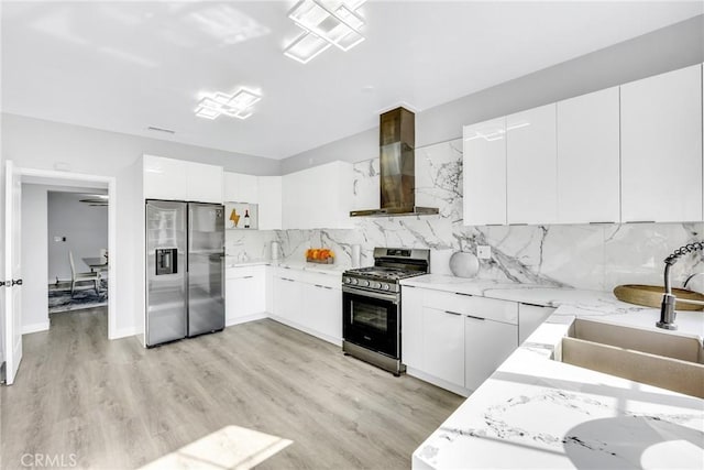 5211 Mcclintock Ave, Temple City, CA 91780 - kitchen with backsplash, appliances with stainless steel finishes, a sink, white cabinets, and wall chimney exhaust hood