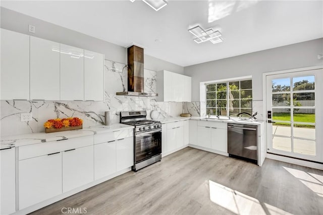 5211 Mcclintock Ave, Temple City, CA 91780 - kitchen with wall chimney range hood, appliances with stainless steel finishes, modern cabinets, and white cabinets