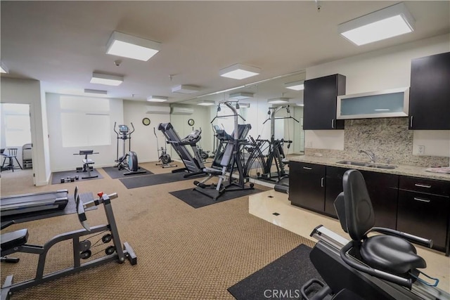 exercise room with a sink and carpet