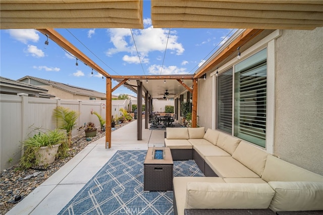 view of patio with an outdoor hangout area, outdoor dining area, ceiling fan, and a fenced backyard