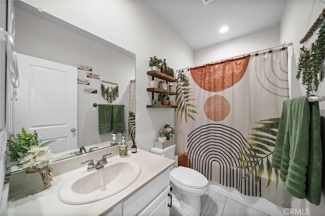 bathroom with toilet, vanity, recessed lighting, and a shower with shower curtain