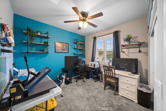 office space featuring ceiling fan and carpet