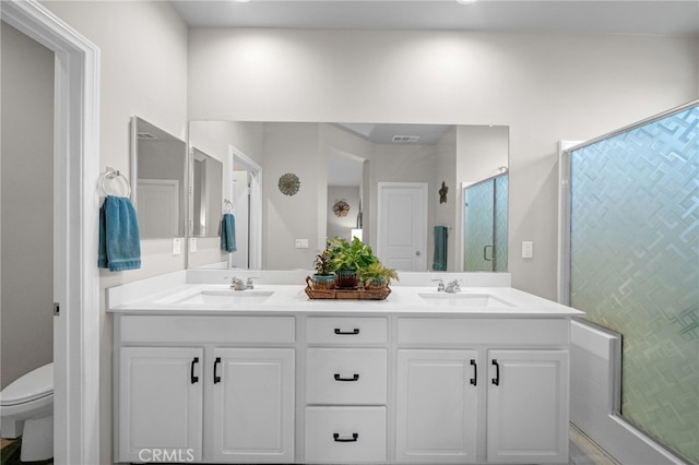 full bathroom featuring a shower stall, toilet, double vanity, and a sink