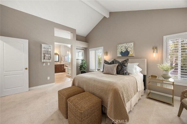 5005 Stonehaven Dr, Yorba Linda, CA 92887 - bedroom with beamed ceiling, high vaulted ceiling, ensuite bath, light carpet, and baseboards