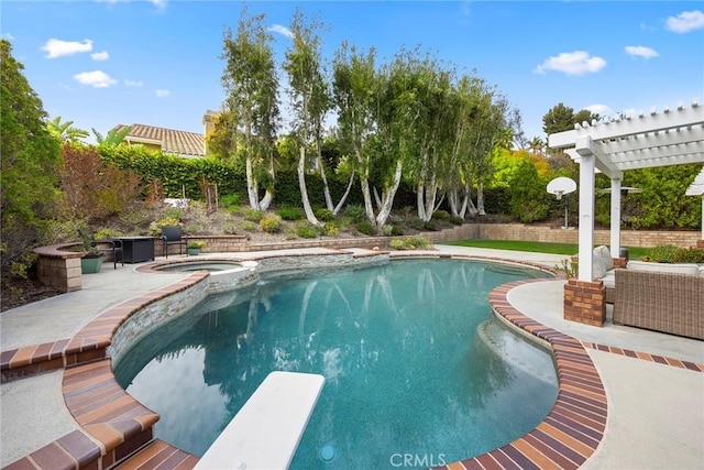 5005 Stonehaven Dr, Yorba Linda, CA 92887 - view of swimming pool with a diving board, a pergola, a patio, and a pool with connected hot tub