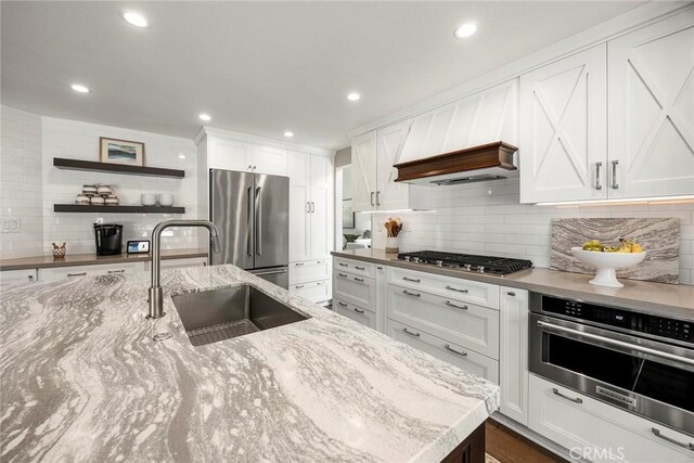 5005 Stonehaven Dr, Yorba Linda, CA 92887 - kitchen featuring white cabinetry, tasteful backsplash, a sink, appliances with stainless steel finishes, and custom exhaust hood