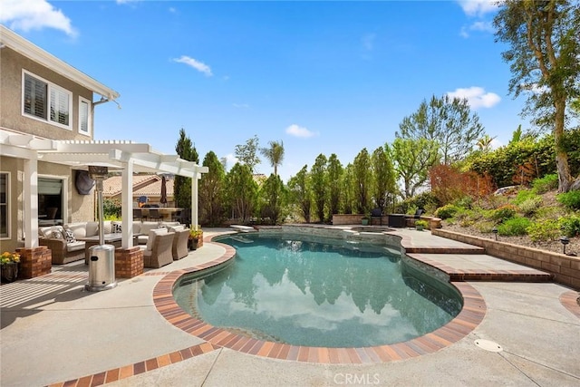 5005 Stonehaven Dr, Yorba Linda, CA 92887 - outdoor pool with an outdoor hangout area, a patio area, a diving board, and a pergola