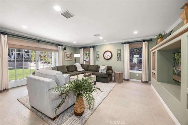 5005 Stonehaven Dr, Yorba Linda, CA 92887 - living room featuring visible vents, ornamental molding, and recessed lighting