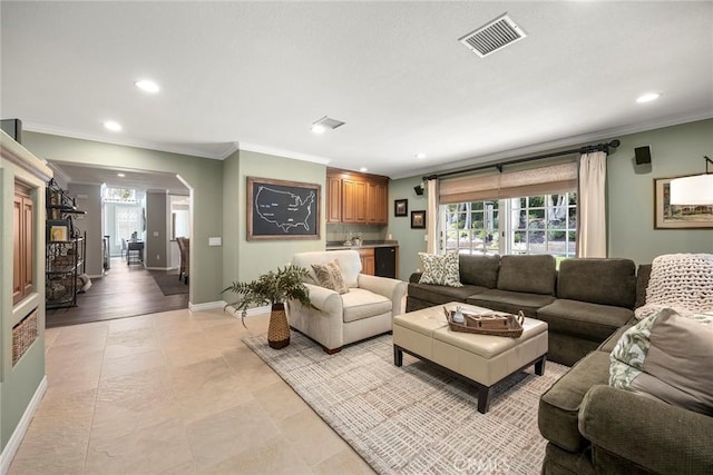 5005 Stonehaven Dr, Yorba Linda, CA 92887 - living room featuring crown molding, recessed lighting, visible vents, and plenty of natural light
