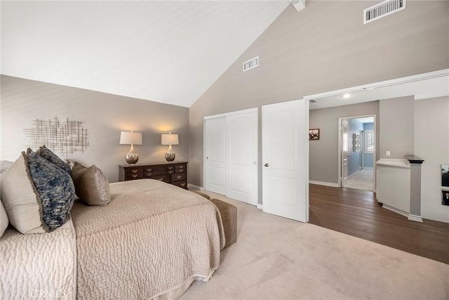 5005 Stonehaven Dr, Yorba Linda, CA 92887 - bedroom featuring baseboards, visible vents, carpet, and high vaulted ceiling