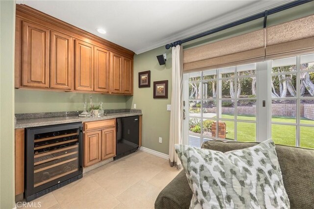 5005 Stonehaven Dr, Yorba Linda, CA 92887 - bar with light tile patterned floors, beverage cooler, baseboards, indoor wet bar, and refrigerator