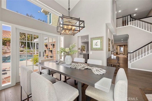 5005 Stonehaven Dr, Yorba Linda, CA 92887 - dining room with wood finished floors, a chandelier, stairs, and a high ceiling