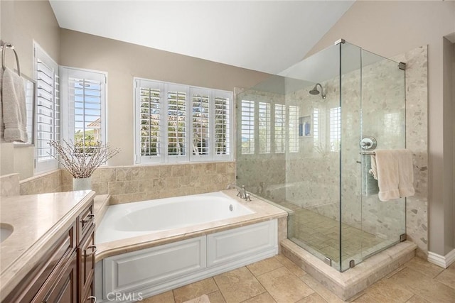 5005 Stonehaven Dr, Yorba Linda, CA 92887 - full bath with a garden tub, a shower stall, vaulted ceiling, and vanity