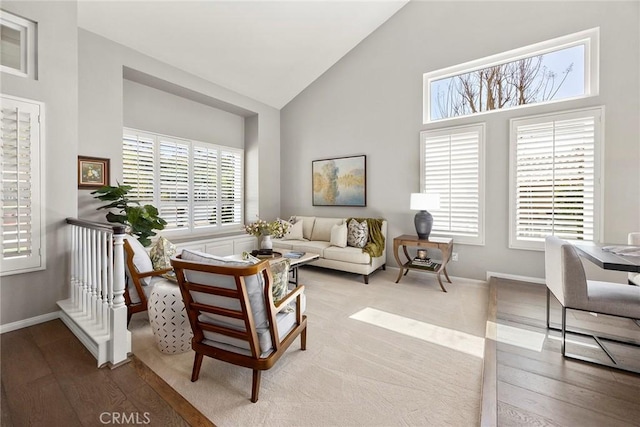 5005 Stonehaven Dr, Yorba Linda, CA 92887 - living area featuring baseboards, high vaulted ceiling, and wood finished floors