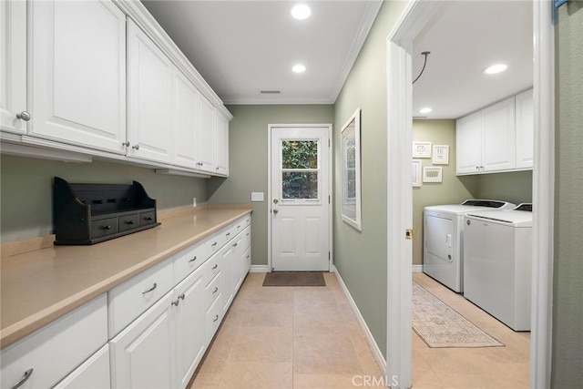 5005 Stonehaven Dr, Yorba Linda, CA 92887 - clothes washing area with ornamental molding, recessed lighting, cabinet space, and washing machine and dryer