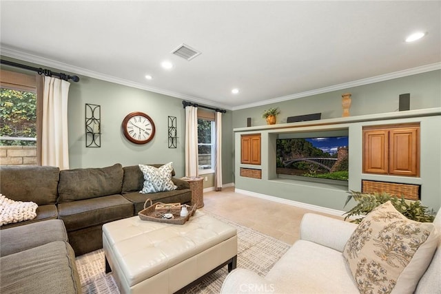 5005 Stonehaven Dr, Yorba Linda, CA 92887 - living room featuring ornamental molding, recessed lighting, visible vents, and a healthy amount of sunlight