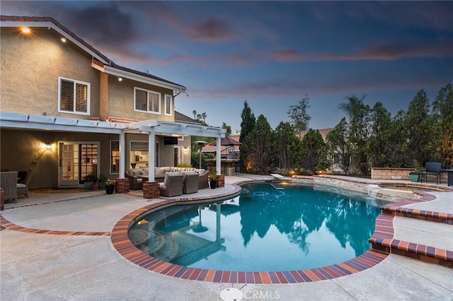 5005 Stonehaven Dr, Yorba Linda, CA 92887 - pool at dusk featuring an outdoor pool, a pergola, a patio, and an outdoor living space