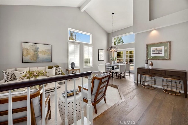 5005 Stonehaven Dr, Yorba Linda, CA 92887 - interior space with hardwood / wood-style floors, high vaulted ceiling, a chandelier, and beam ceiling