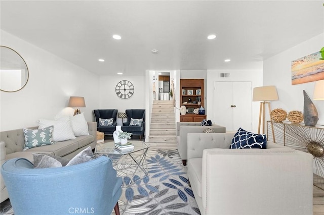 13461 Whittier Ln, Garden Grove, CA 92844 - living area featuring visible vents, recessed lighting, and stairs