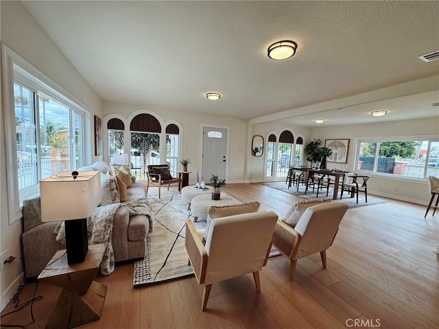 living area with baseboards, wood-type flooring, and a textured ceiling