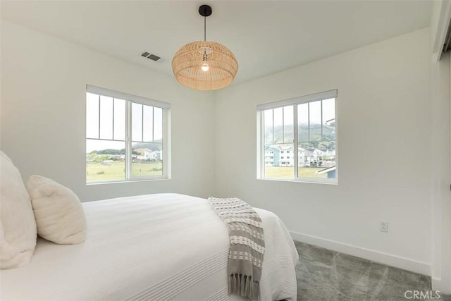 bedroom featuring carpet flooring, visible vents, multiple windows, and baseboards