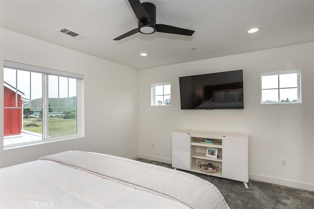 bedroom with carpet flooring, visible vents, ceiling fan, baseboards, and recessed lighting