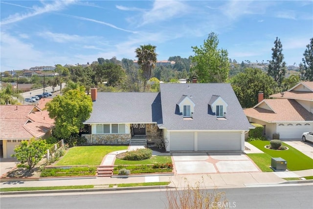 2871 N Wyngate Rd, Orange, CA 92867 - cape cod-style house featuring driveway, a chimney, fence, a front lawn, and stone siding