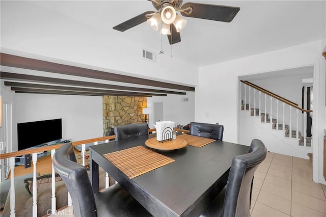2871 N Wyngate Rd, Orange, CA 92867 - dining space featuring ceiling fan, visible vents, beam ceiling, light tile patterned floors, and stairs