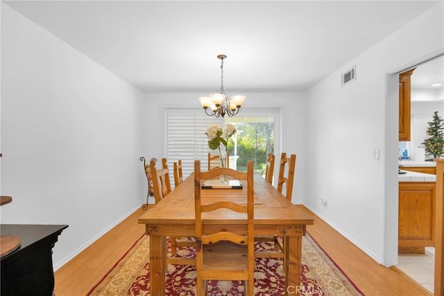 2871 N Wyngate Rd, Orange, CA 92867 - dining area with visible vents, baseboards, a chandelier, and light wood-type flooring