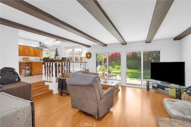 2871 N Wyngate Rd, Orange, CA 92867 - living area featuring stairway, beamed ceiling, and light wood-type flooring