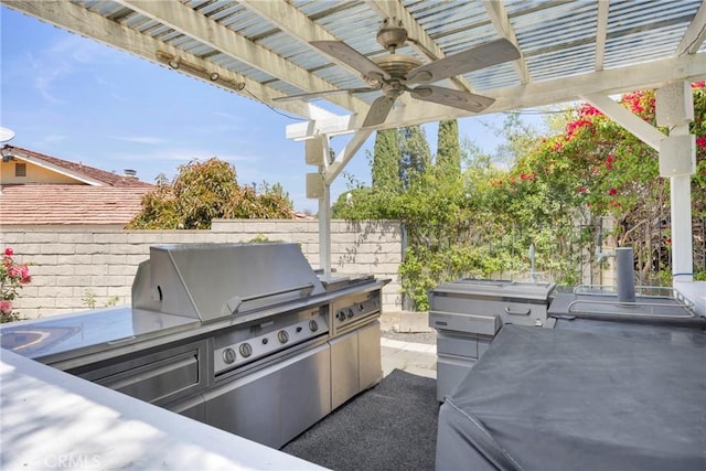 2871 N Wyngate Rd, Orange, CA 92867 - view of patio / terrace with a fenced backyard, ceiling fan, a pergola, and area for grilling