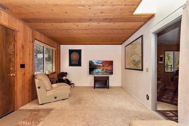 living area featuring a healthy amount of sunlight, carpet floors, and wood ceiling