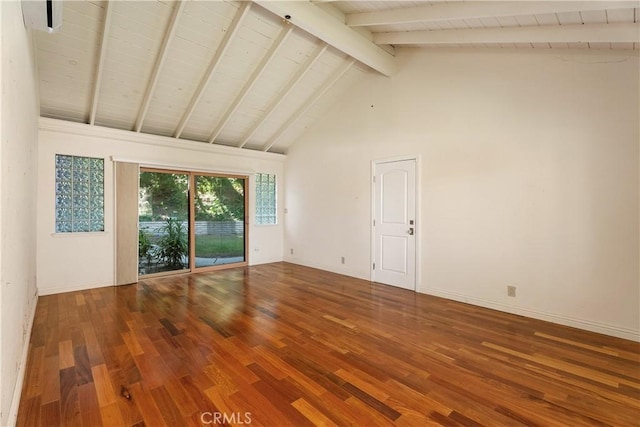 2018 Palisades Dr, Fullerton, CA 92831 - empty room with wood finished floors, high vaulted ceiling, beamed ceiling, and baseboards