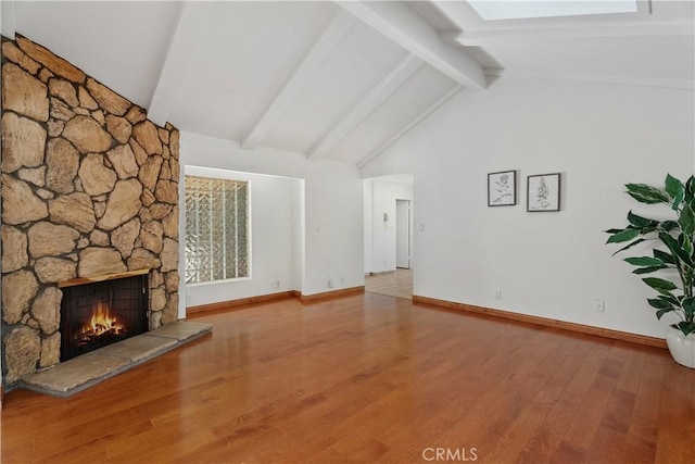 2018 Palisades Dr, Fullerton, CA 92831 - unfurnished living room featuring wood finished floors, a fireplace, baseboards, high vaulted ceiling, and beam ceiling