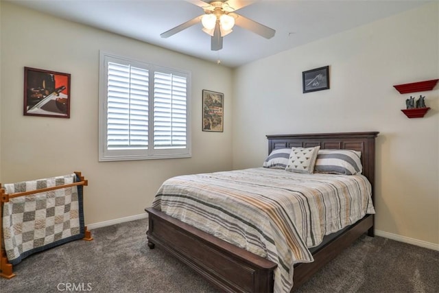 bedroom with baseboards, ceiling fan, and carpet flooring