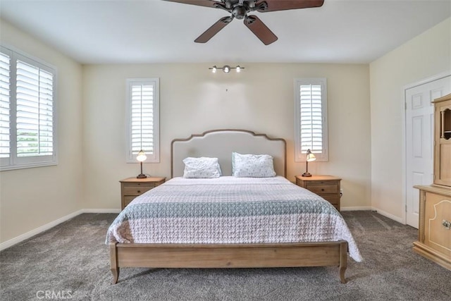 bedroom featuring baseboards, multiple windows, and carpet flooring