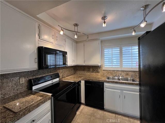 3243 San Amadeo Unit 2H, Laguna Woods, CA 92637 - kitchen with tasteful backsplash, white cabinets, black appliances, dark countertops, and a sink