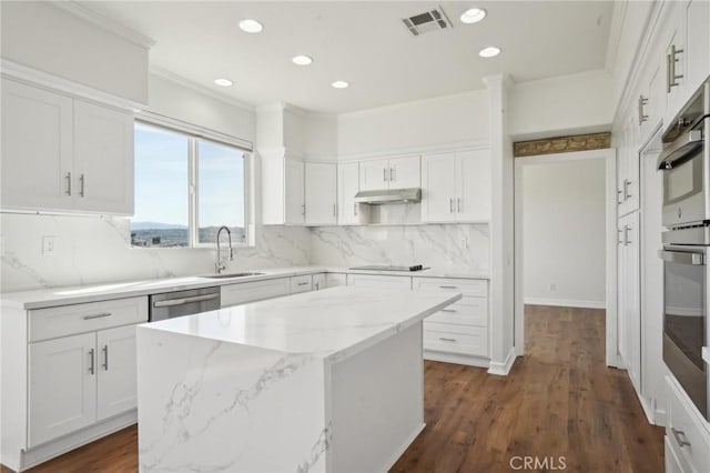 28846 Yosemite Pl, Canyon Lake, CA 92587 - kitchen featuring under cabinet range hood, a center island, white cabinets, ornamental molding, and light stone counters