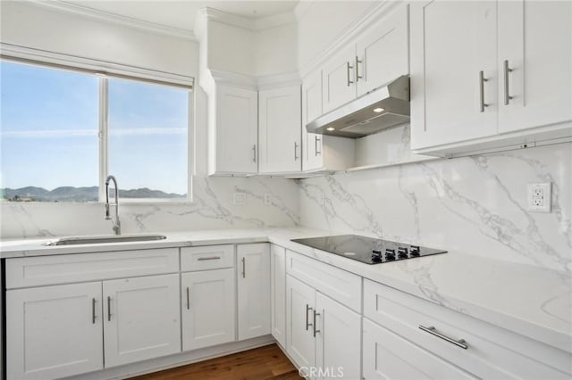 28846 Yosemite Pl, Canyon Lake, CA 92587 - kitchen with under cabinet range hood, black electric stovetop, ornamental molding, white cabinets, and tasteful backsplash