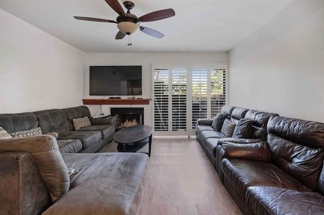 living area featuring ceiling fan and wood finished floors