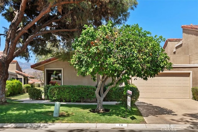74 Tennis Club Dr, Rancho Mirage, CA 92270 - view of property hidden behind natural elements featuring a garage, a front yard, stucco siding, a tiled roof, and driveway