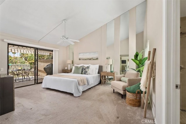 74 Tennis Club Dr, Rancho Mirage, CA 92270 - bedroom featuring access to outside, a ceiling fan, carpet, and vaulted ceiling