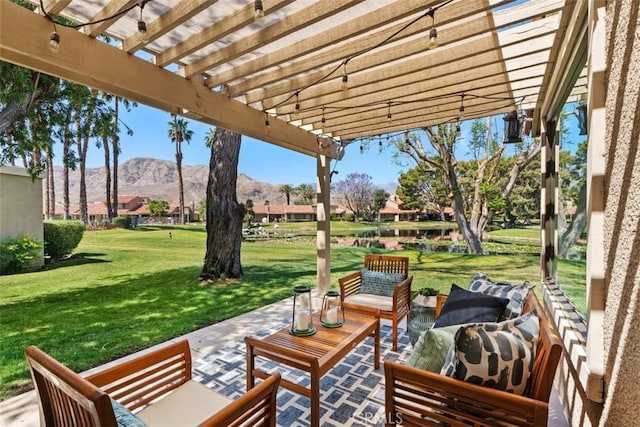 74 Tennis Club Dr, Rancho Mirage, CA 92270 - view of patio featuring an outdoor living space, a pergola, and a mountain view