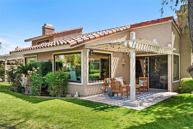 74 Tennis Club Dr, Rancho Mirage, CA 92270 - back of house featuring a pergola, a chimney, a patio, and stucco siding