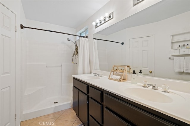 1443 Augusta St, Beaumont, CA 92223 - bathroom with tile patterned flooring, tiled shower, and double vanity