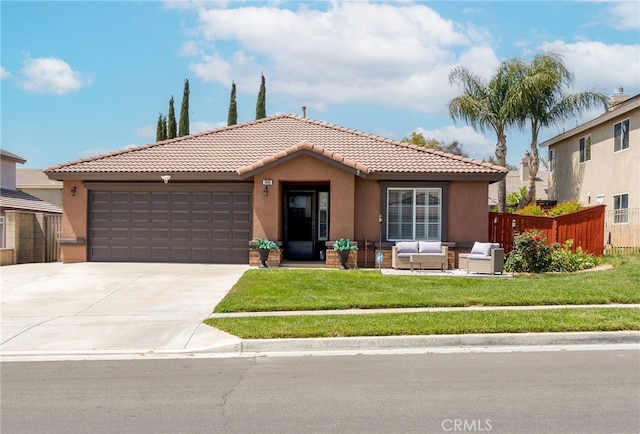 single story home featuring a tiled roof, an attached garage, driveway, and stucco siding