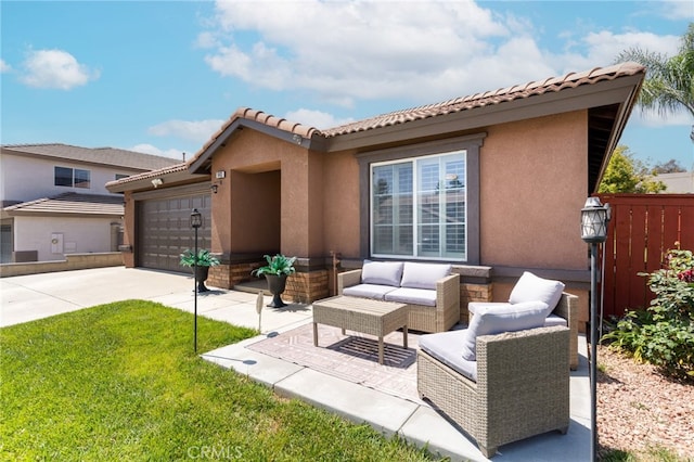 1443 Augusta St, Beaumont, CA 92223 - view of front facade featuring driveway, a garage, a tiled roof, stucco siding, and outdoor lounge area