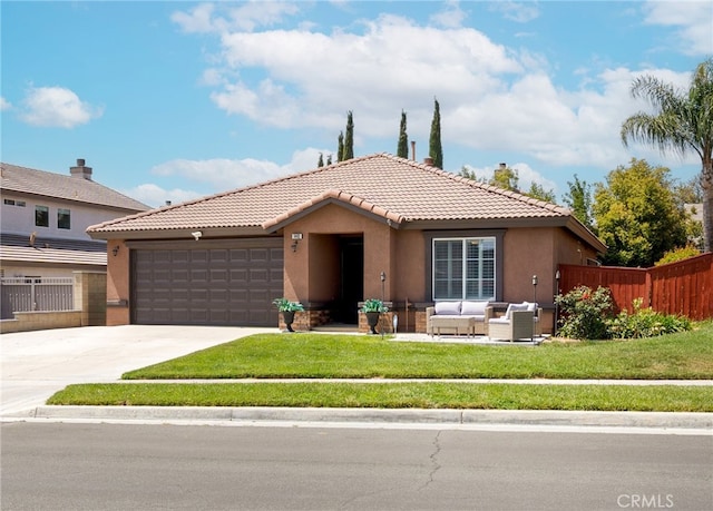 ranch-style house featuring an attached garage, fence, stucco siding, and a tile roof
