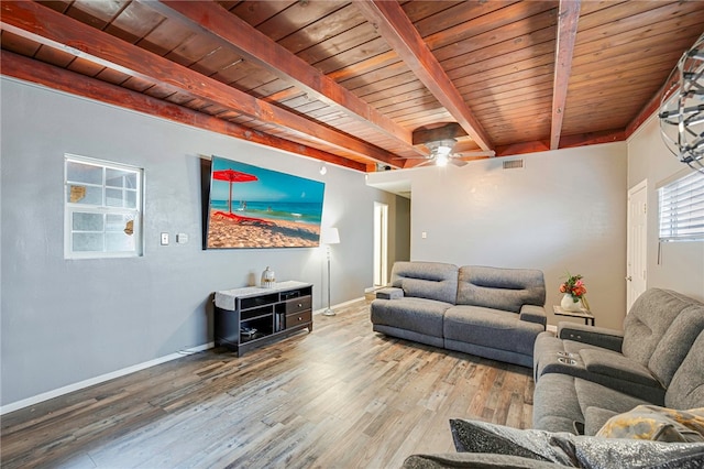 living area with beamed ceiling, wooden ceiling, wood finished floors, and visible vents
