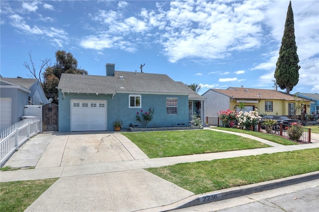ranch-style home featuring a front yard, a garage, driveway, stucco siding, and fence
